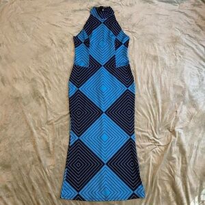 Geometric Blue and Black Sleeveless Dress